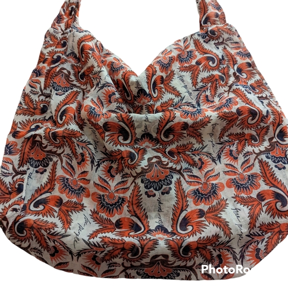 Free People Boho Tote Bag Large Orange Flower Leaf Print Shoppers 19 x 16 x 5 - Picture 2 of 14